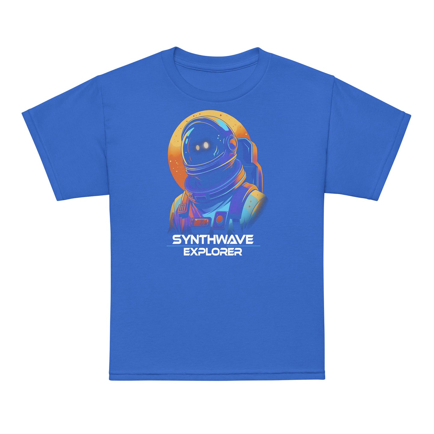 Royal Blue Synthwave Explorer kids t-shirt — colorful geometric shapes, neon retro design by BimBangDesign