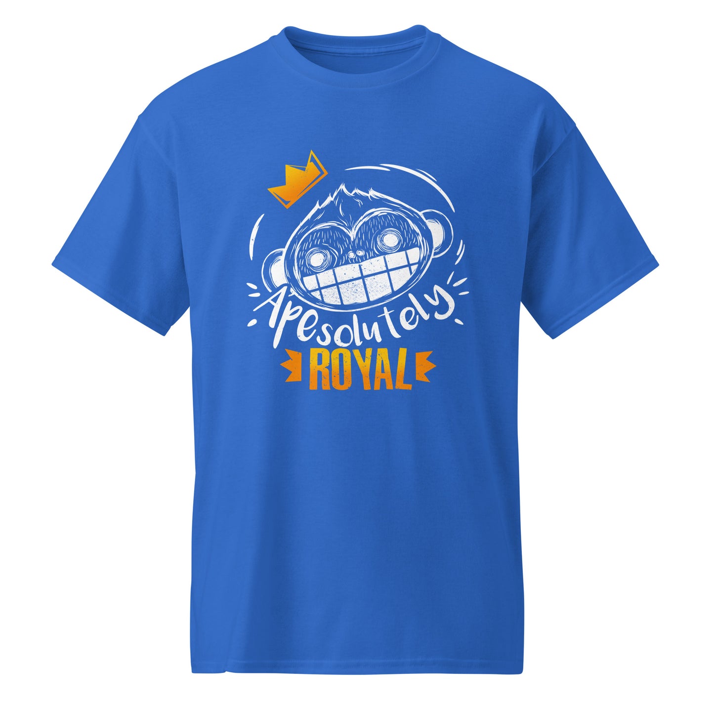 Royal Blue ApeSolutely Royal T-shirt with crowned monkey head, cartoon and sketchy style