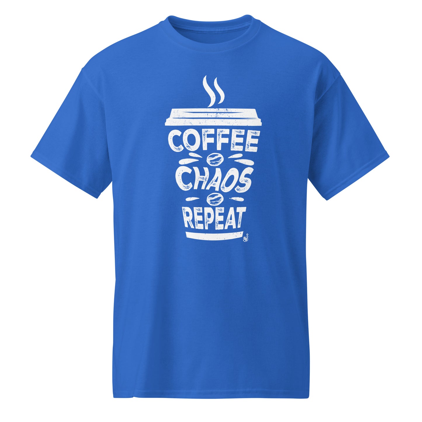Royal Blue Coffee Chaos Repeat text t-shirt for all coffee lover on the go BimBangDesign