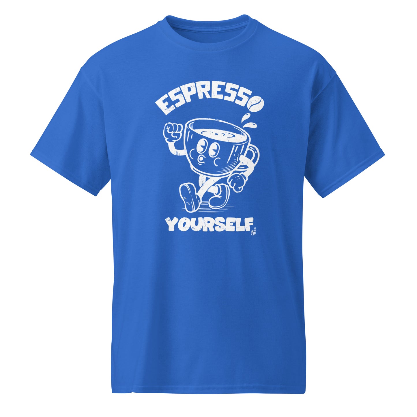 Cartoon Espresso Yourself Royal Blue t-shirt with a funny coffee cup illustration BimBangDesign