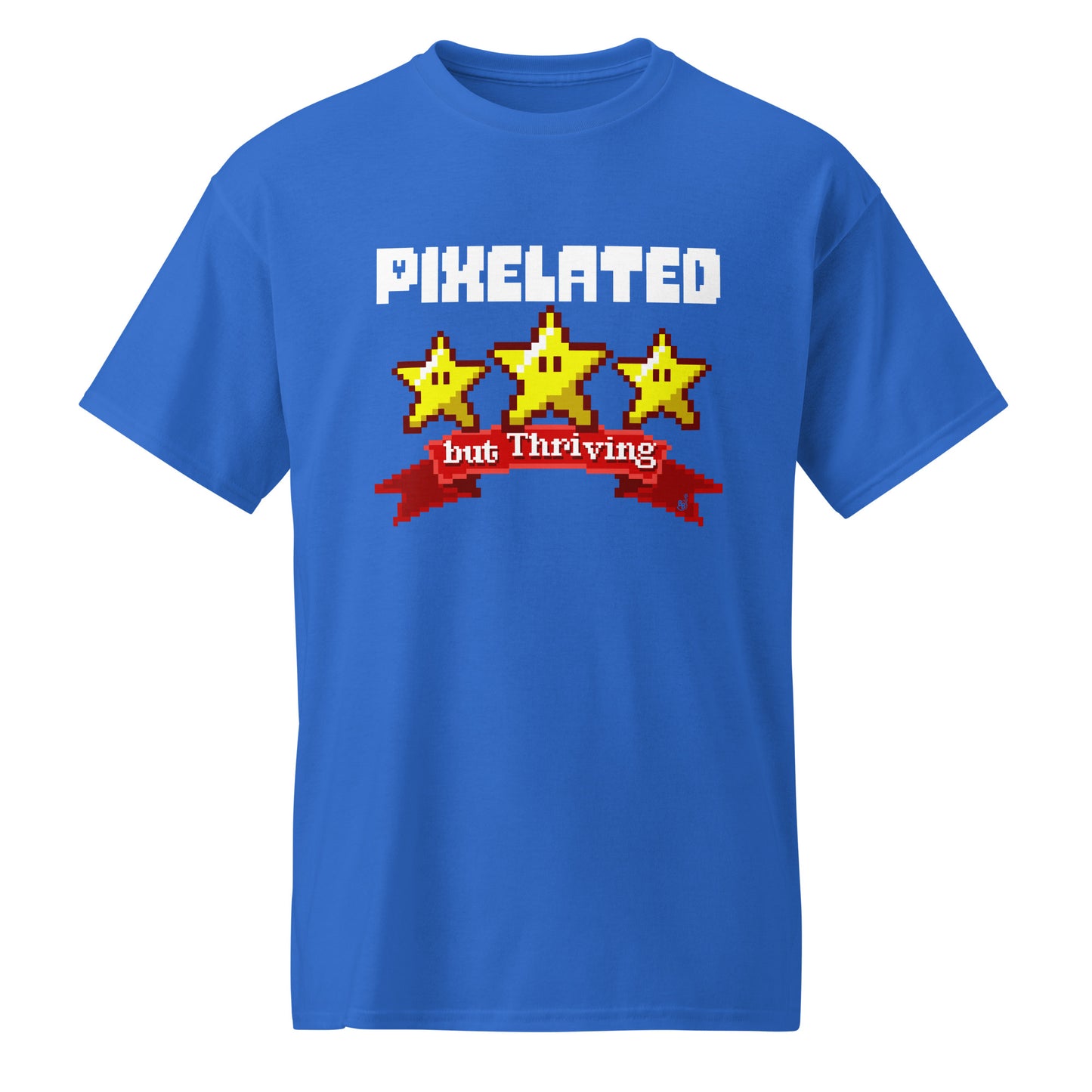 Royal Blue Pixelated but Thriving graphic T-shirt for casual gamers  BimBangDesign