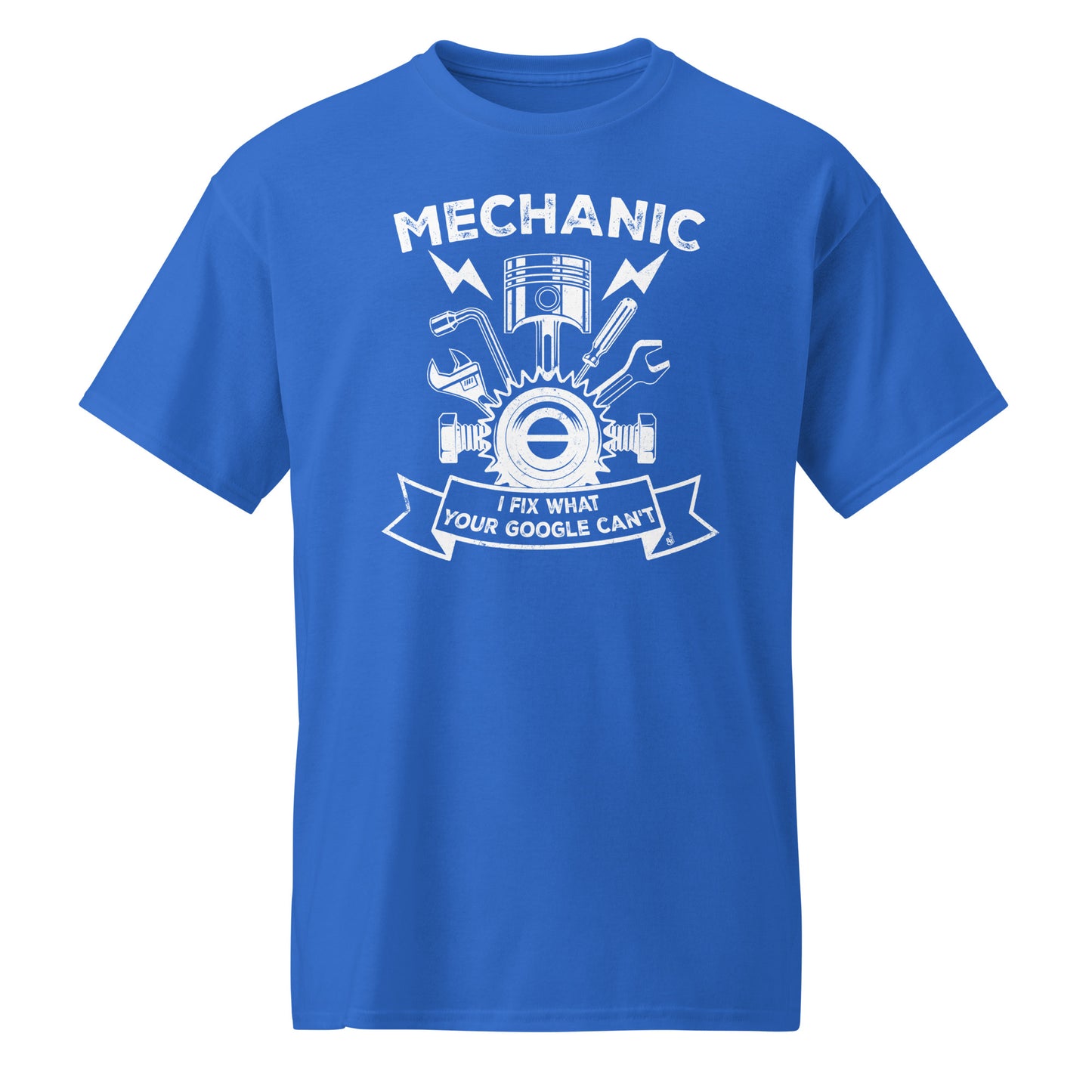 Funny Royal Blue mechanic t-shirt with slogan I Fix What Google Can't BimBangDesign