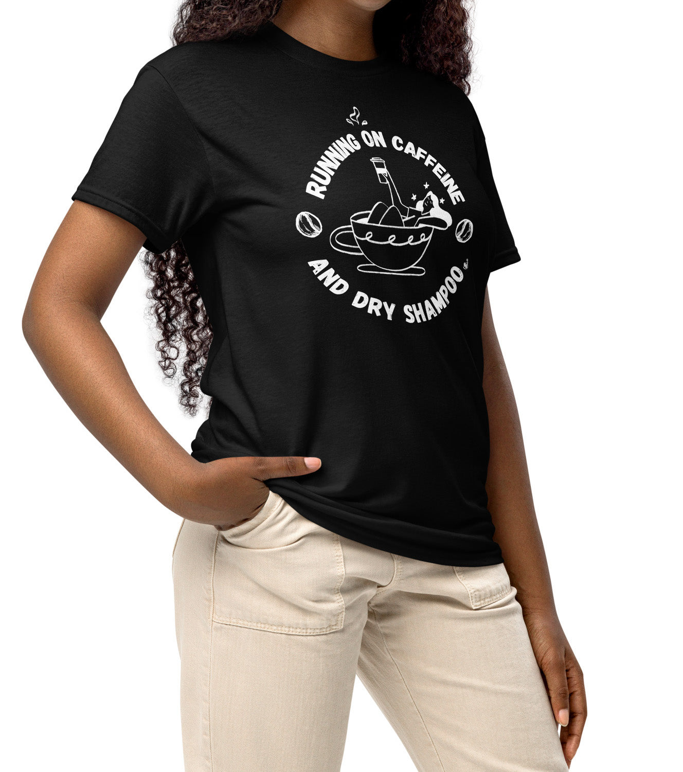 Black Funny T-shirt Running on Caffeine and Dry Shampoo worn by a multitasking woman BimBangDesign