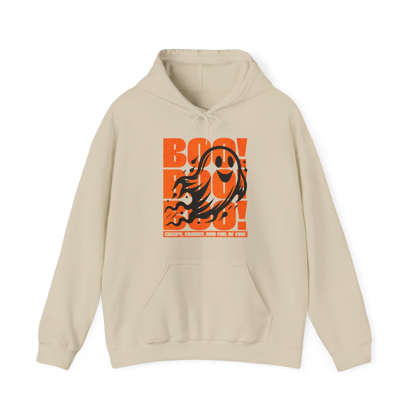 Sand Playful ghost design with triple “Boo” text – fun Halloween unisex hoodie by BimBangDesign.