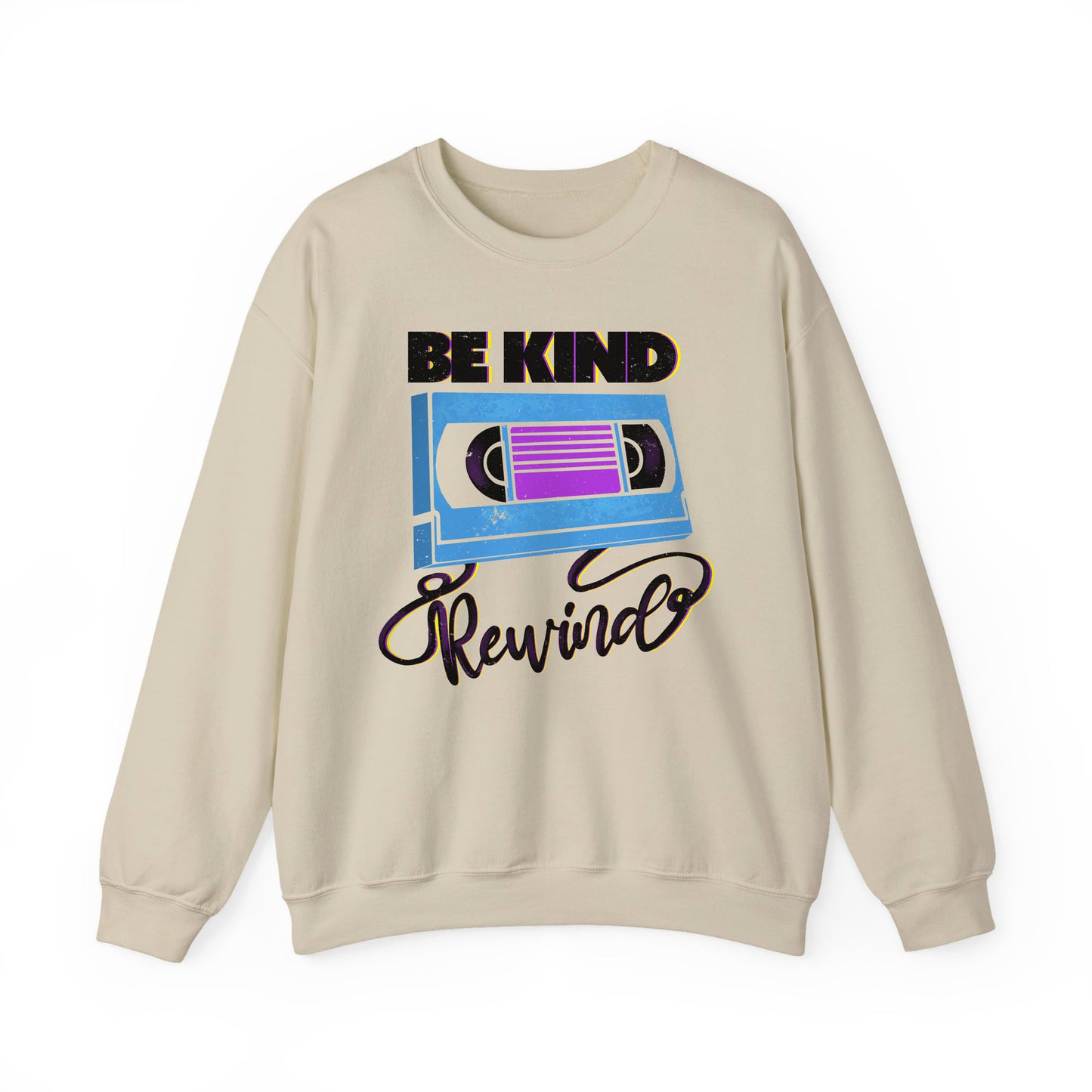 Be Kind Rewind Sand Sweatshirt, retro typographic style, VHS inspiration for vintage lovers BimBangDesign