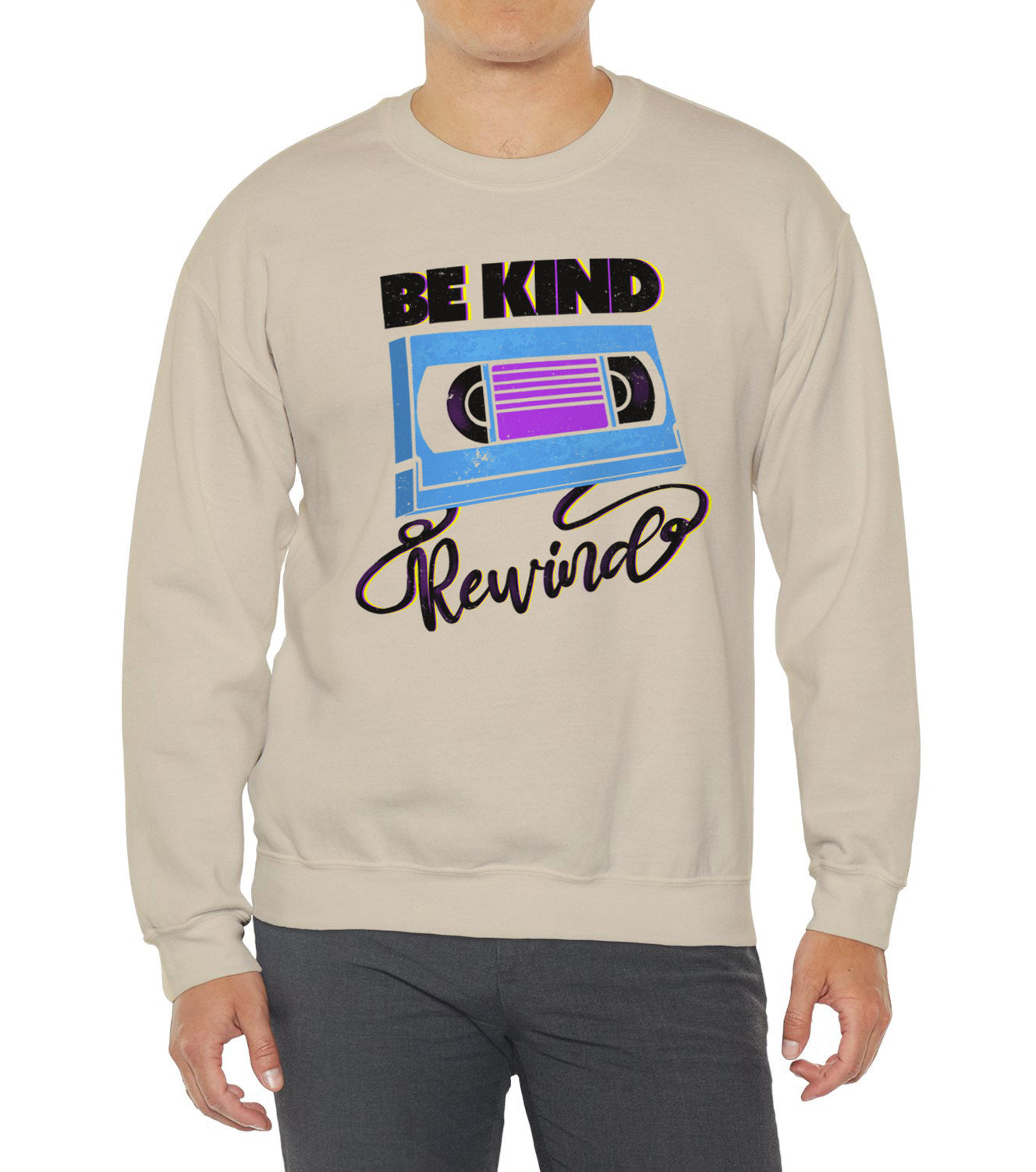 Be Kind Rewind Sand Sweatshirt, retro typographic style, VHS inspiration worn by a vintage lovers BimBangDesign