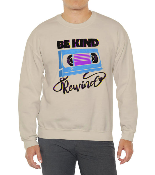Be Kind Rewind Sand Sweatshirt, retro typographic style, VHS inspiration worn by a vintage lovers BimBangDesign