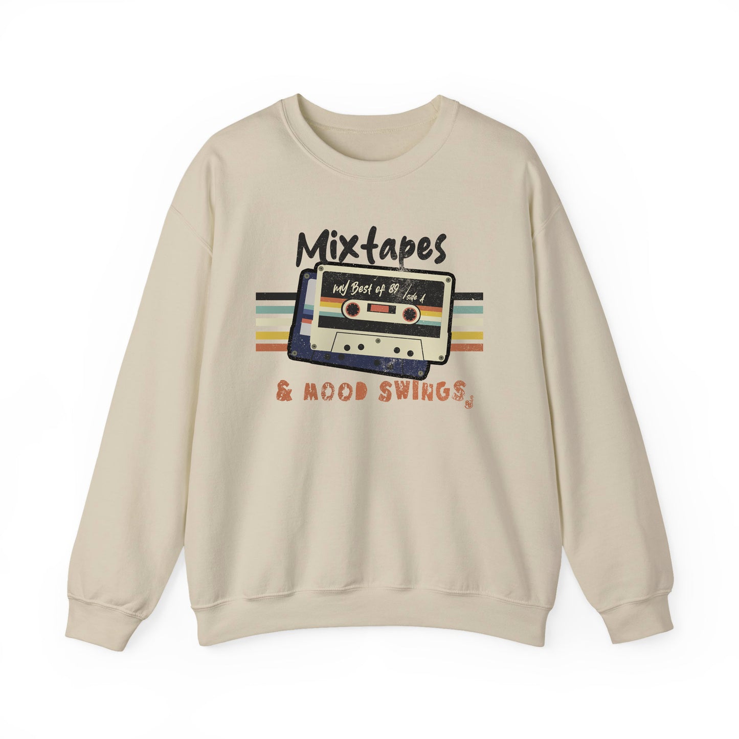 Mixtapes & Mood Swings vintage typography on a Sand Sweatshirt for vintage vibe hunters BimBangDesign