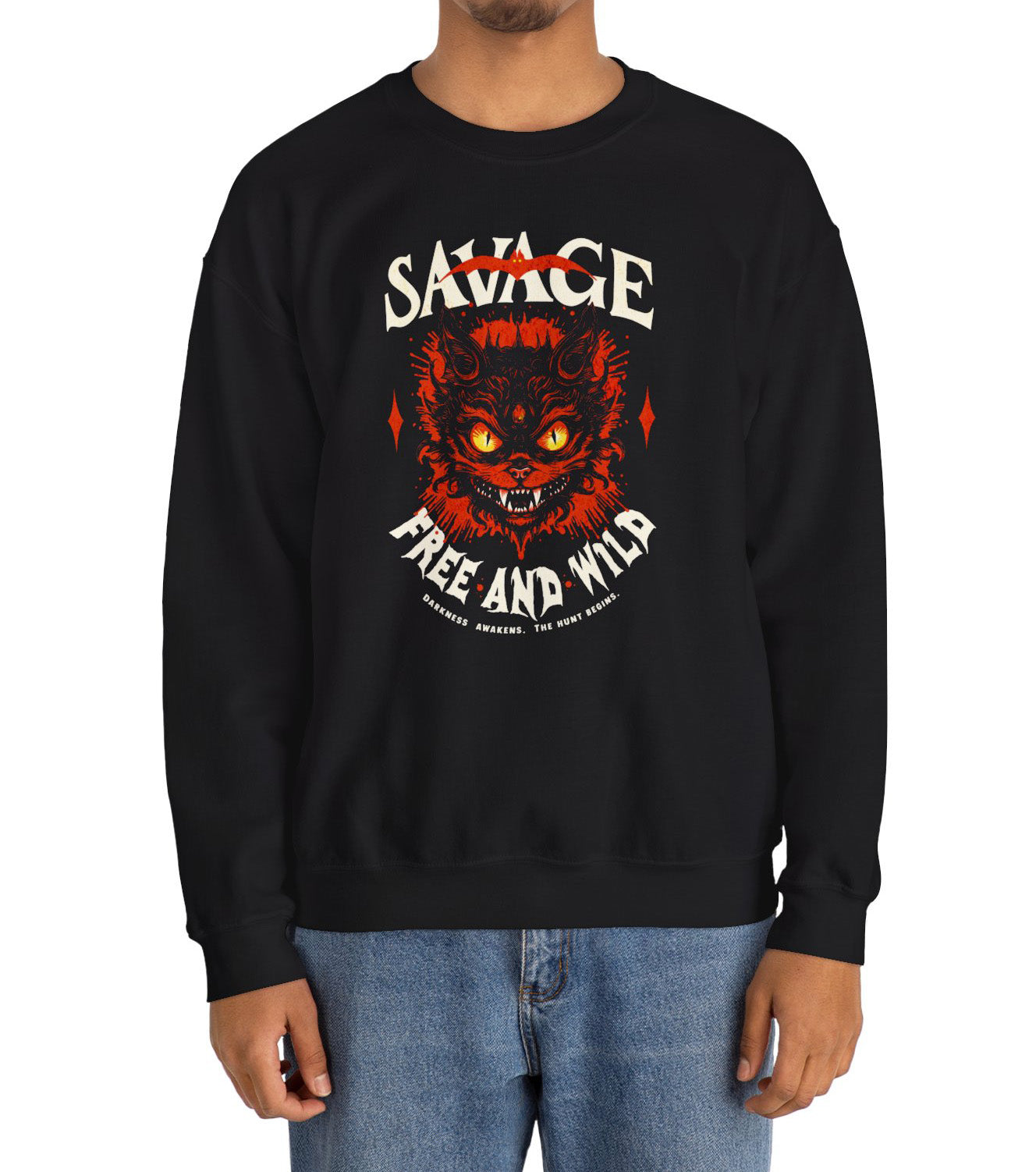 Unisex “Savage – Wild & Free” sweatshirt by BimBangDesign — cozy fleece crewneck with bold wild spirit print, perfect for everyday wear.