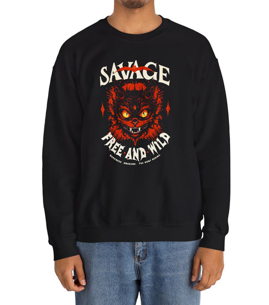 Unisex “Savage – Wild & Free” sweatshirt by BimBangDesign — cozy fleece crewneck with bold wild spirit print, perfect for everyday wear.