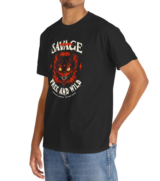 Unisex “Savage – Wild & Free” t-shirt by BimBangDesign — cozy fleece tee with bold wild spirit print, perfect for everyday wear.