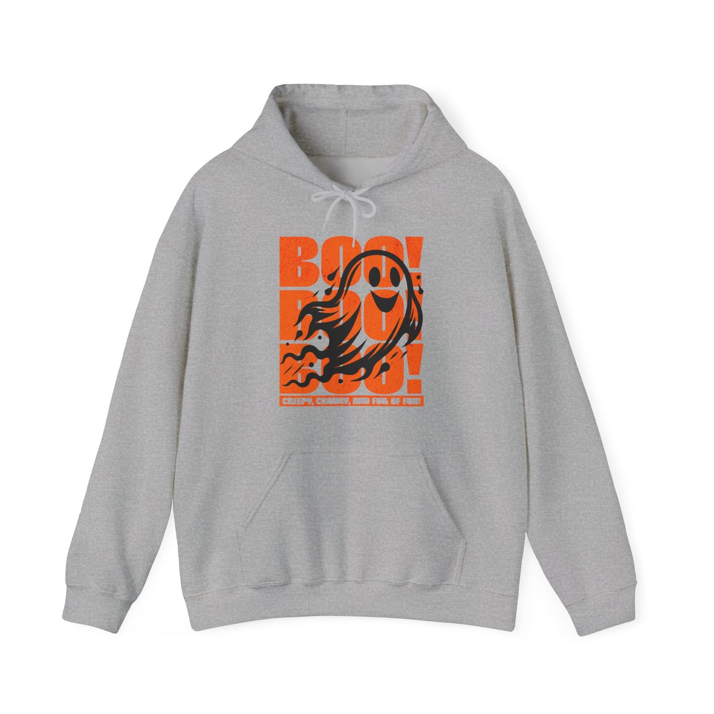 Sport grey Playful ghost design with triple “Boo” text – fun Halloween unisex hoodie by BimBangDesign.