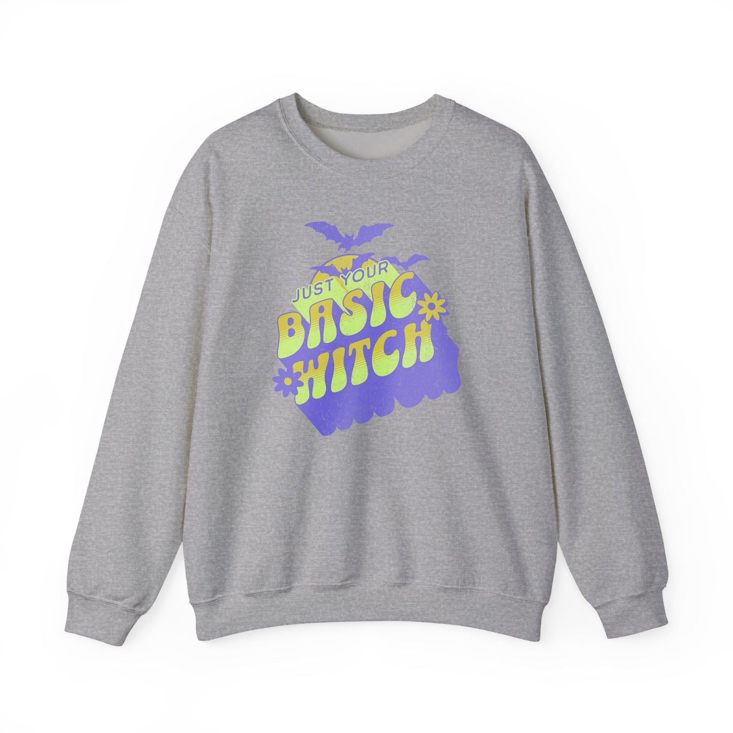 Sport Grey Unisex “Just Your Basic Witch” Halloween sweatshirt with witchy print — cozy fall fashion with playful attitude.