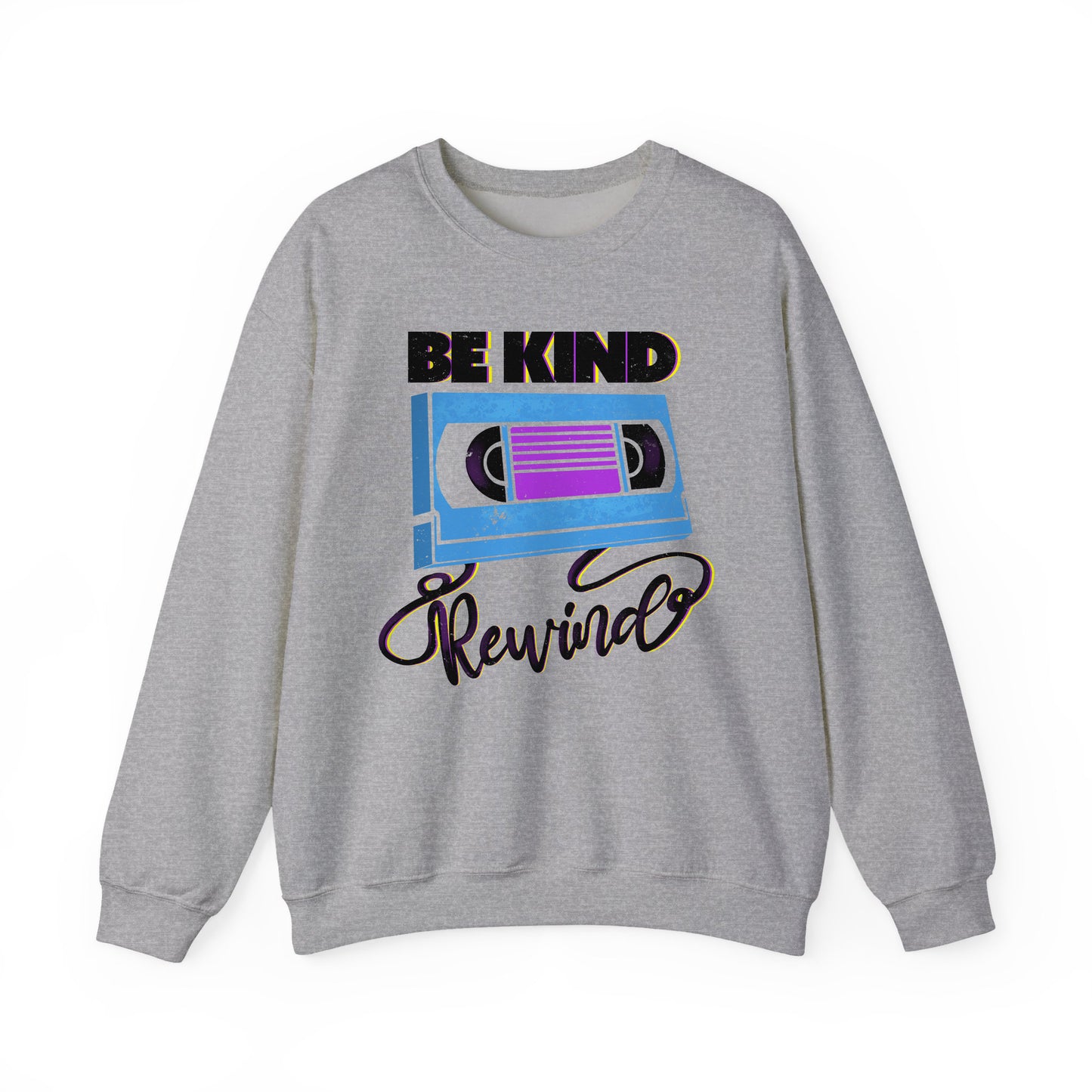 Sport Grey Be Kind Rewind White Sweatshirt, retro typographic style, VHS inspiration for vintage lovers BimBangDesign