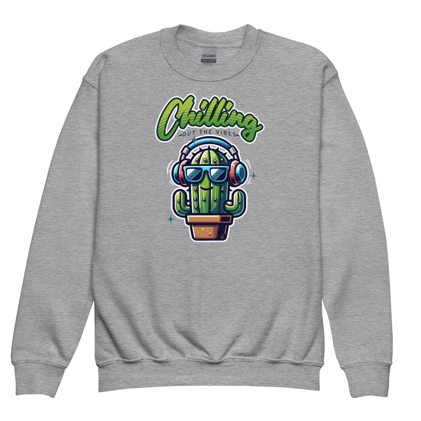 Sport Grey Chilling Out the Vibes music-themed sweatshirt for kids with funny cartoon cactus design, BimBangDesign