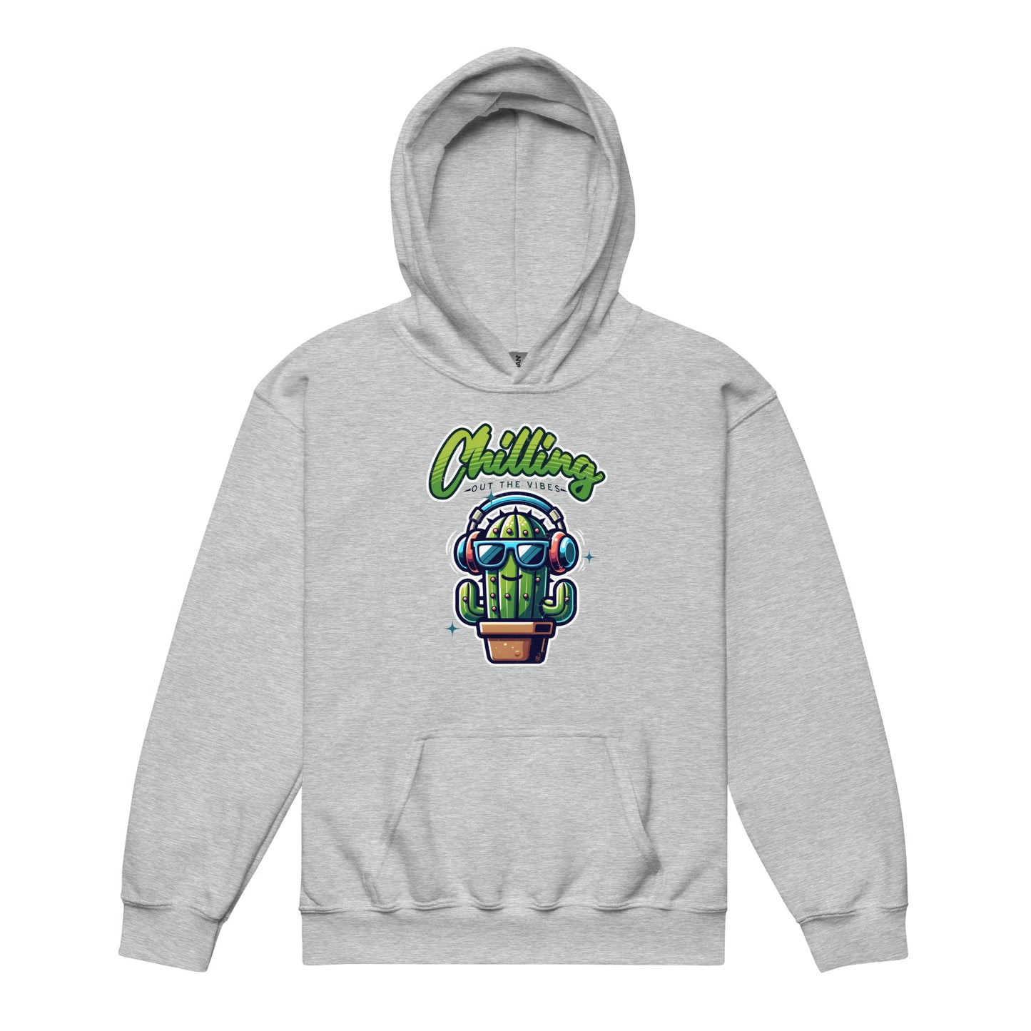 Sport Grey Chilling Out the Vibes music-themed hoodie for kids with funny cartoon cactus design, BimBangDesign