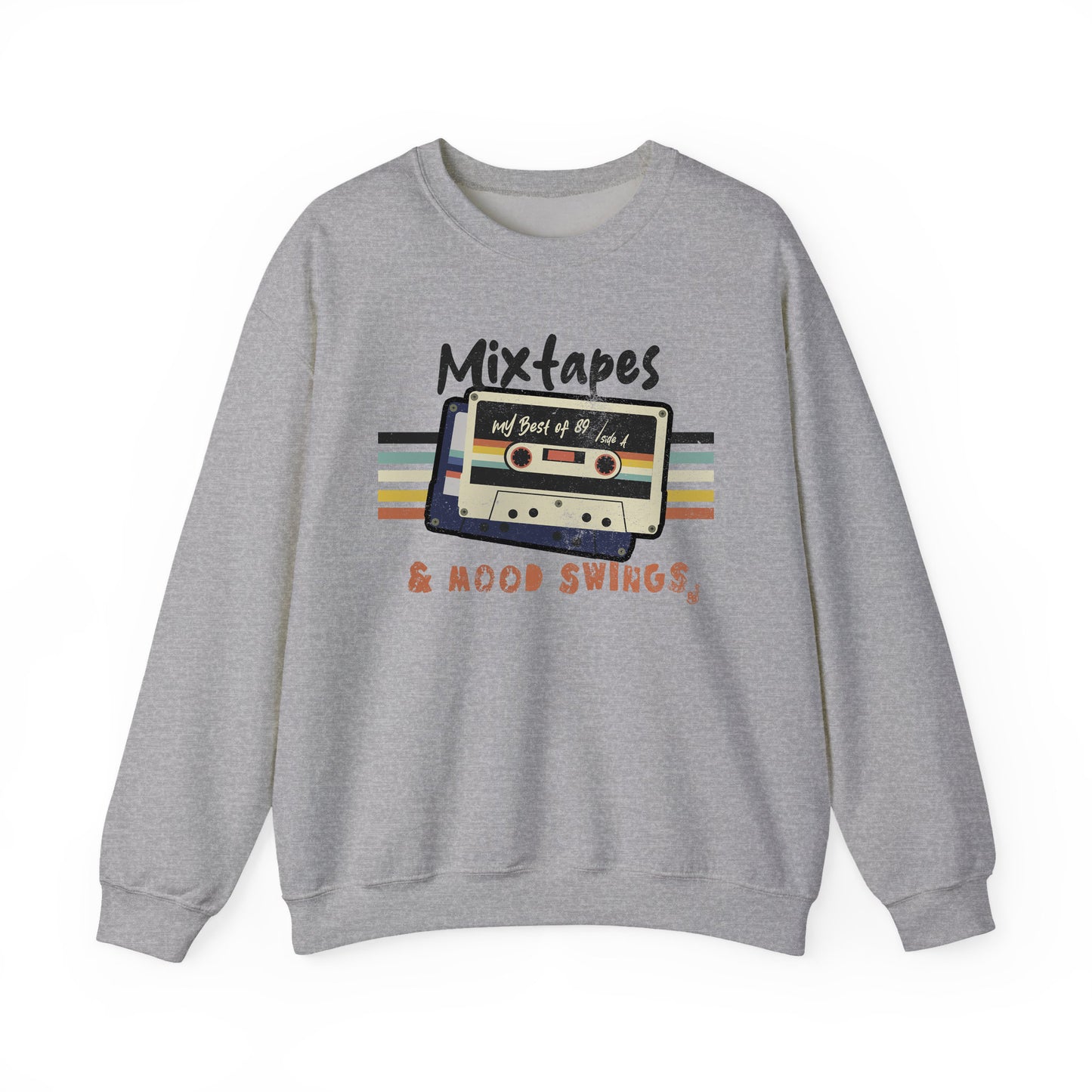 Mixtapes & Mood Swings vintage typography on a Sport Grey Sweatshirt for vintage vibe hunters BimBangDesign
