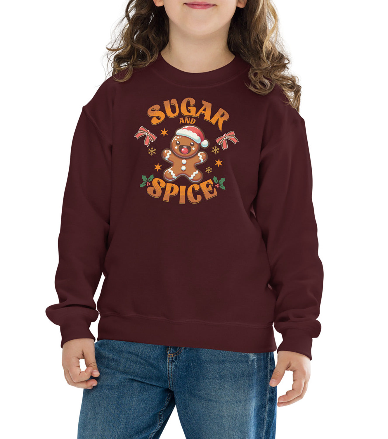 Kids Sugar & Spice Cozy Christmas vibes Gingerbread sweatshirt – front view BimBangDesign