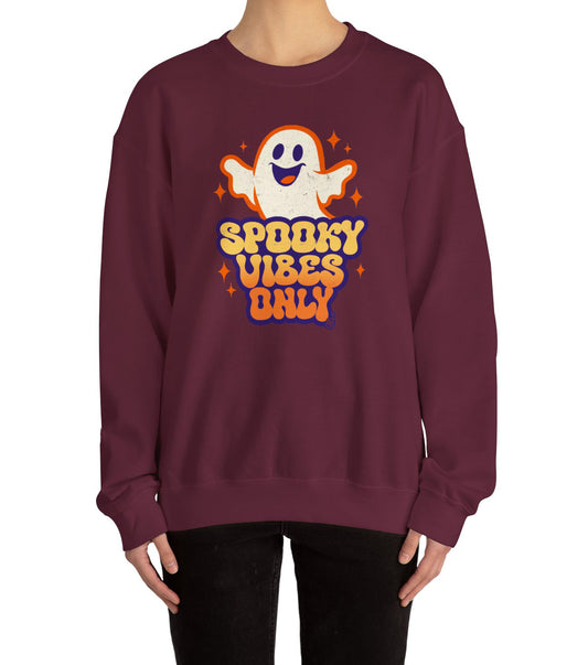 Spooky Vibes Only sweatshirt with funny  ghost art worn by a young adult that love vintage halloween cartoon BimBangDesign