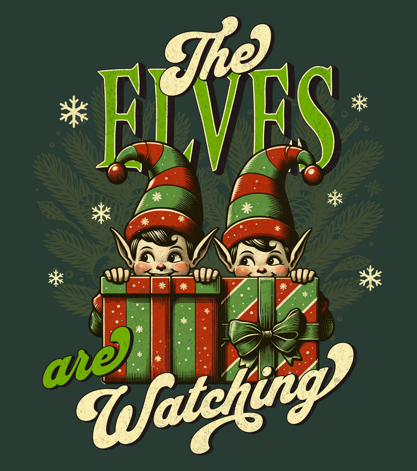 Close-up of cheerful holiday print on ‘The Elves Are Watching’ hoodie BimBangDesign