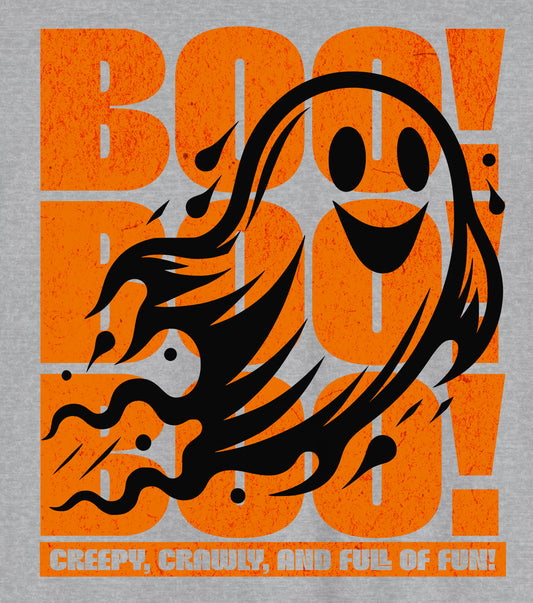 Details of Playful ghost design with triple “Boo” text – fun Halloween unisex t-shirt by BimBangDesign.