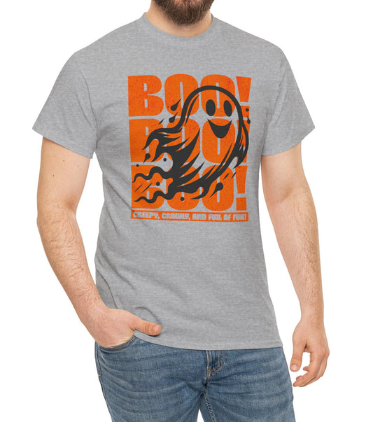 Playful ghost design with triple “Boo” text – fun Halloween unisex t-shirt by BimBangDesign.