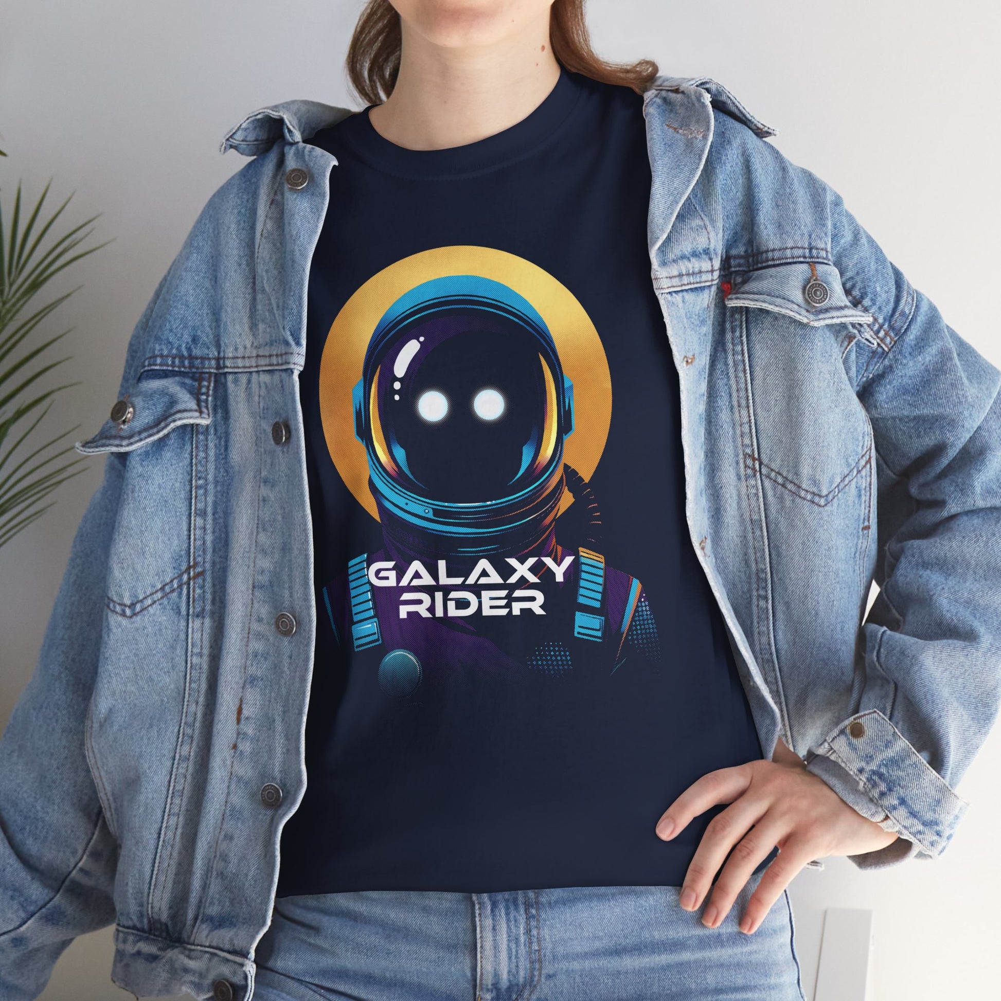 Galaxy Rider t-shirt Close Up with a cosmic design worn by a space enthusiast