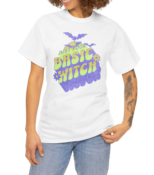 Unisex t-shirt with “Just Your Basic Witch” print – fun Halloween tee featuring retro witchy vibes, perfect for casual spooky style. BimBangDesign