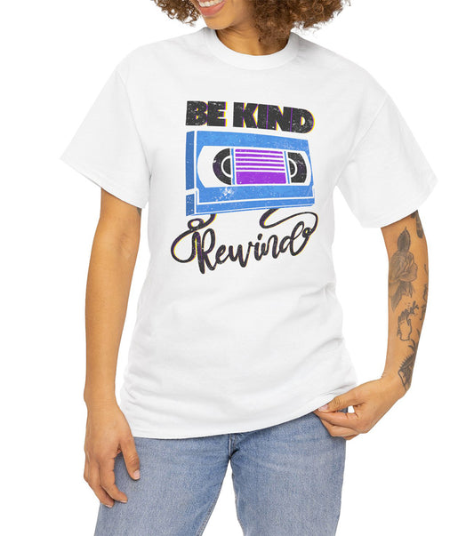 Be Kind Rewind White T-shirt, retro typographic style, VHS inspiration