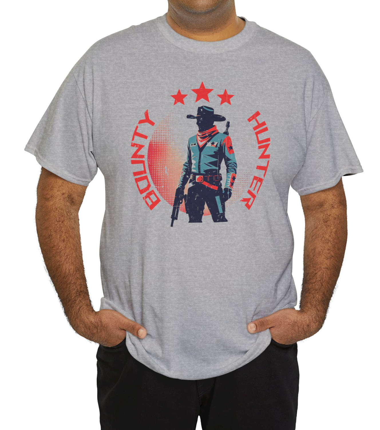 Bounty Hunter t-shirt in Sport Grey with minimalist space cowboy design BimBangDesign