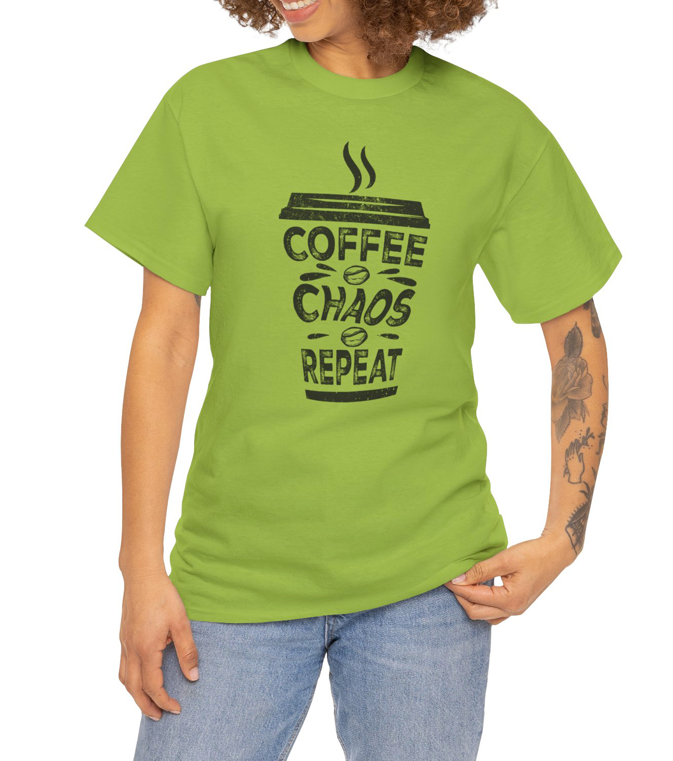 Coffee Chaos Repeat text t-shirt worn by a coffee lover on the go BimBangDesign