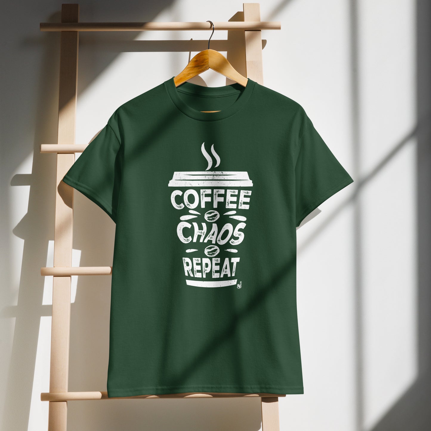 Forest green Coffee Chaos Repeat text t-shirt on demo for all coffee lover on the go BimBangDesign