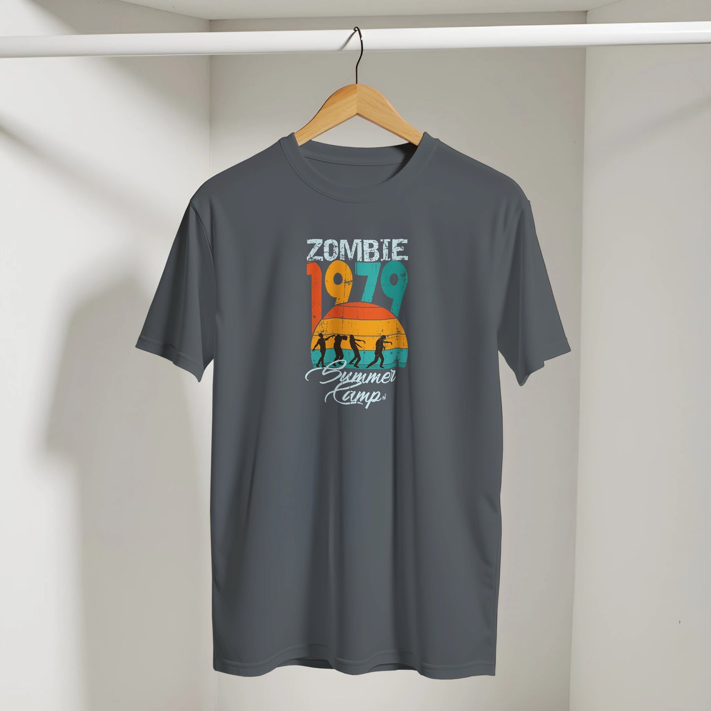 Zombie Summer Camp t-shirt demo with undead camper design in retro style BimBangDesign