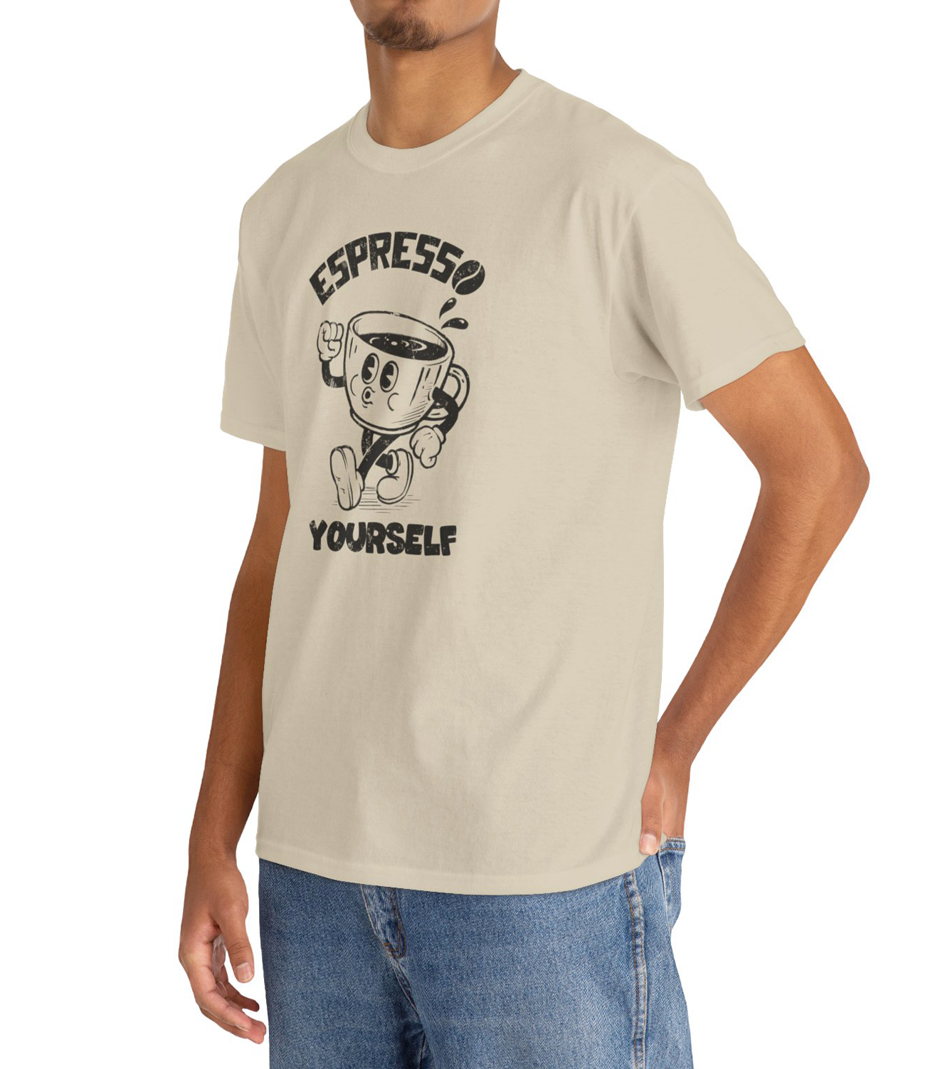 Cartoon Espresso Yourself Sand t-shirt with a coffee cup illustration BimBangDesign
