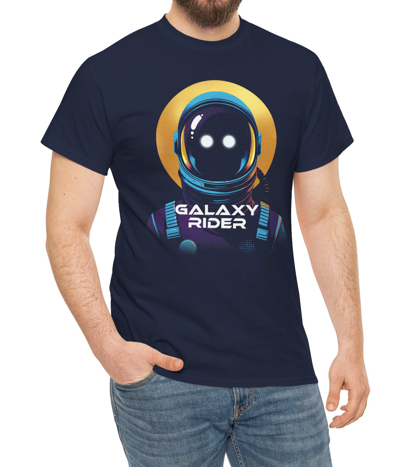 Galaxy Rider t-shirt with a cosmic design worn by a space enthusiast BimBangDesign