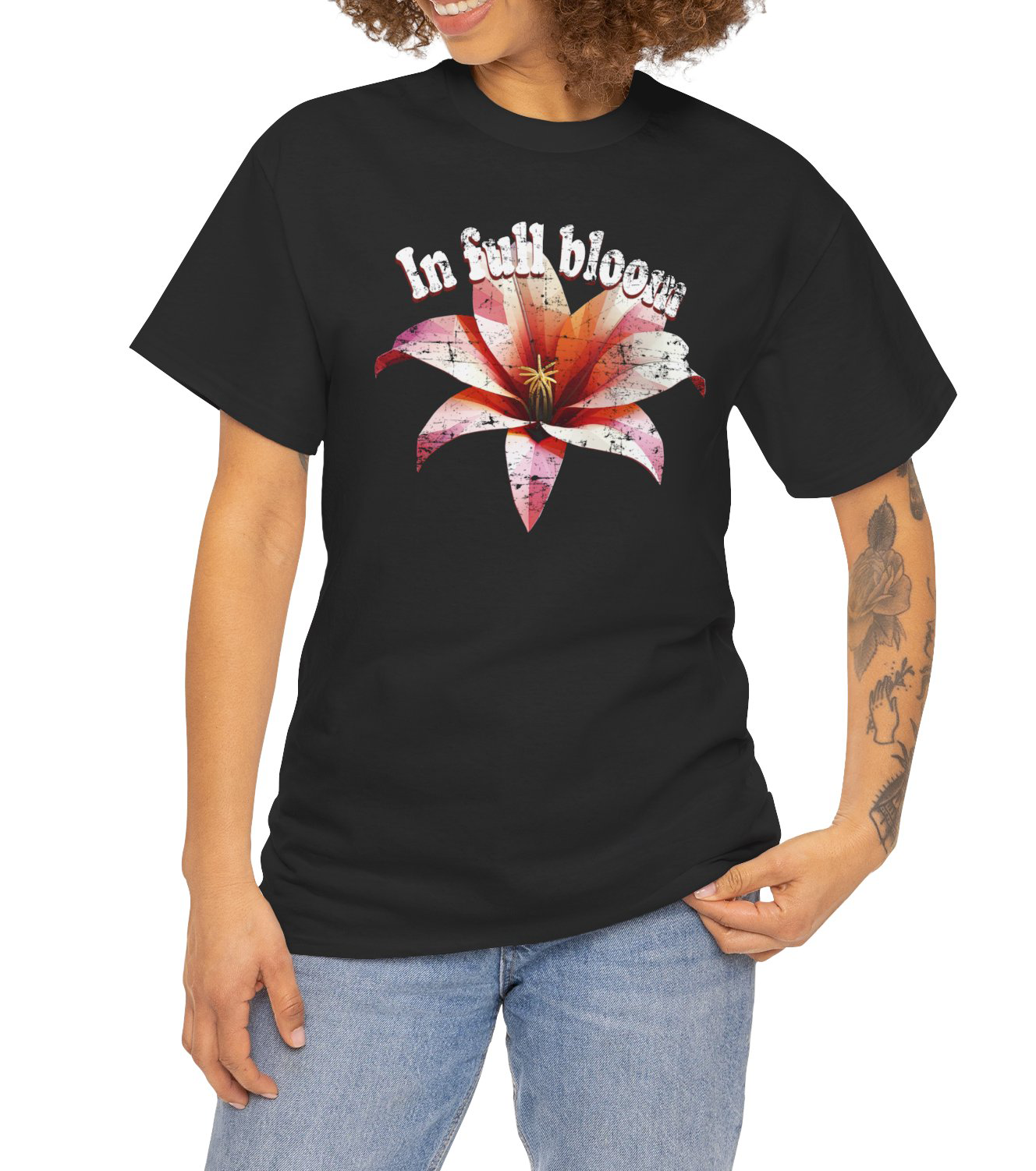 In Full Bloom t-shirt with minimalist flower design and pastel tones BimBangDesign