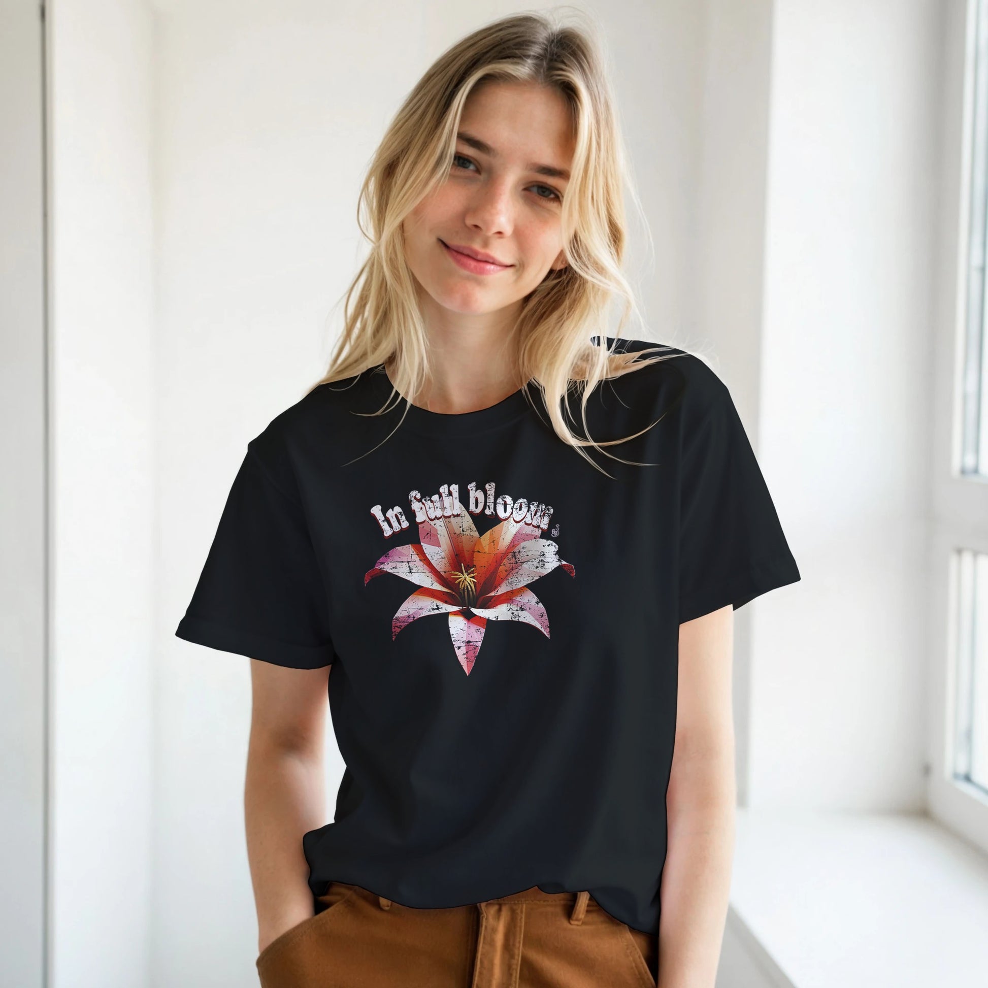 In Full Bloom t-shirt Close Up with minimalist flower design and pastel tones BimBangDesign