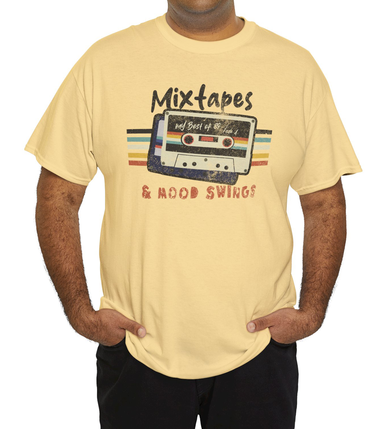 Mixtapes & Mood Swings vintage typography on a Yellow Haze t-Shirt