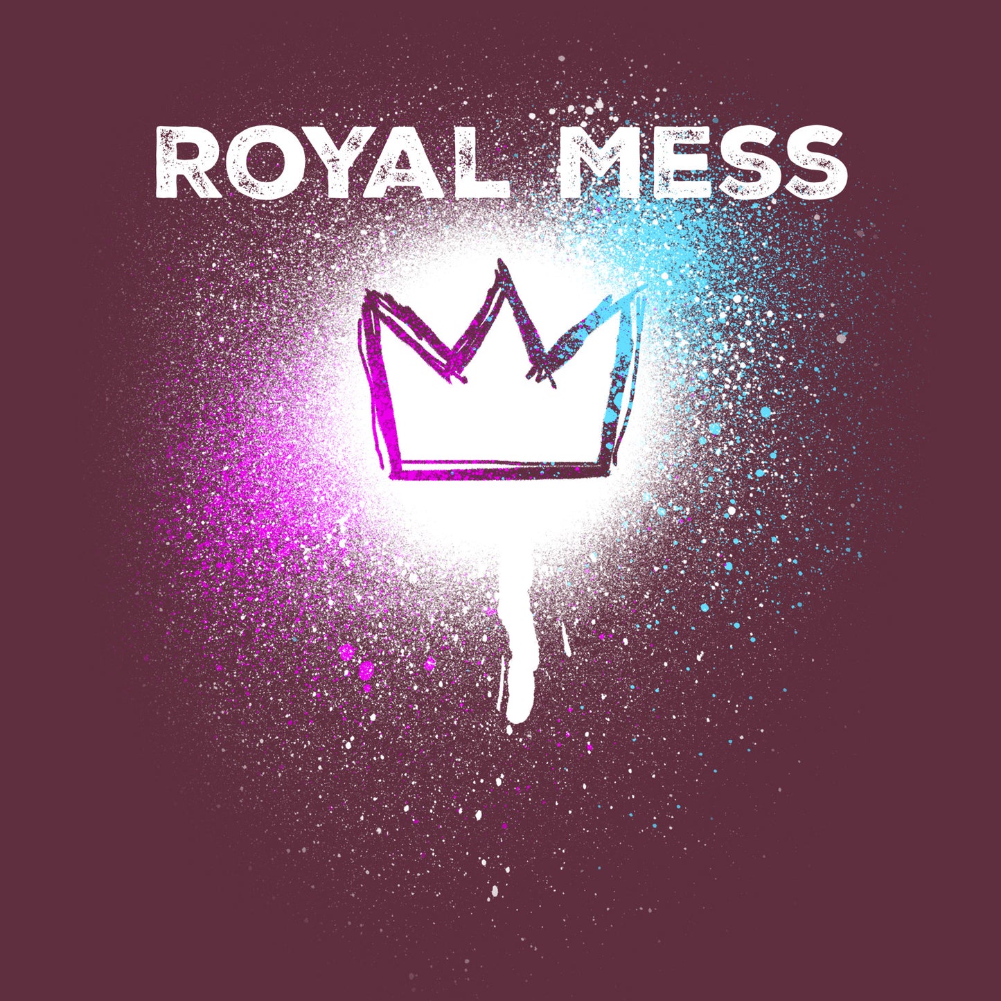 Royal Mess t-shirt Details of bold text and crown on a paint spray spatter BimBangDesign