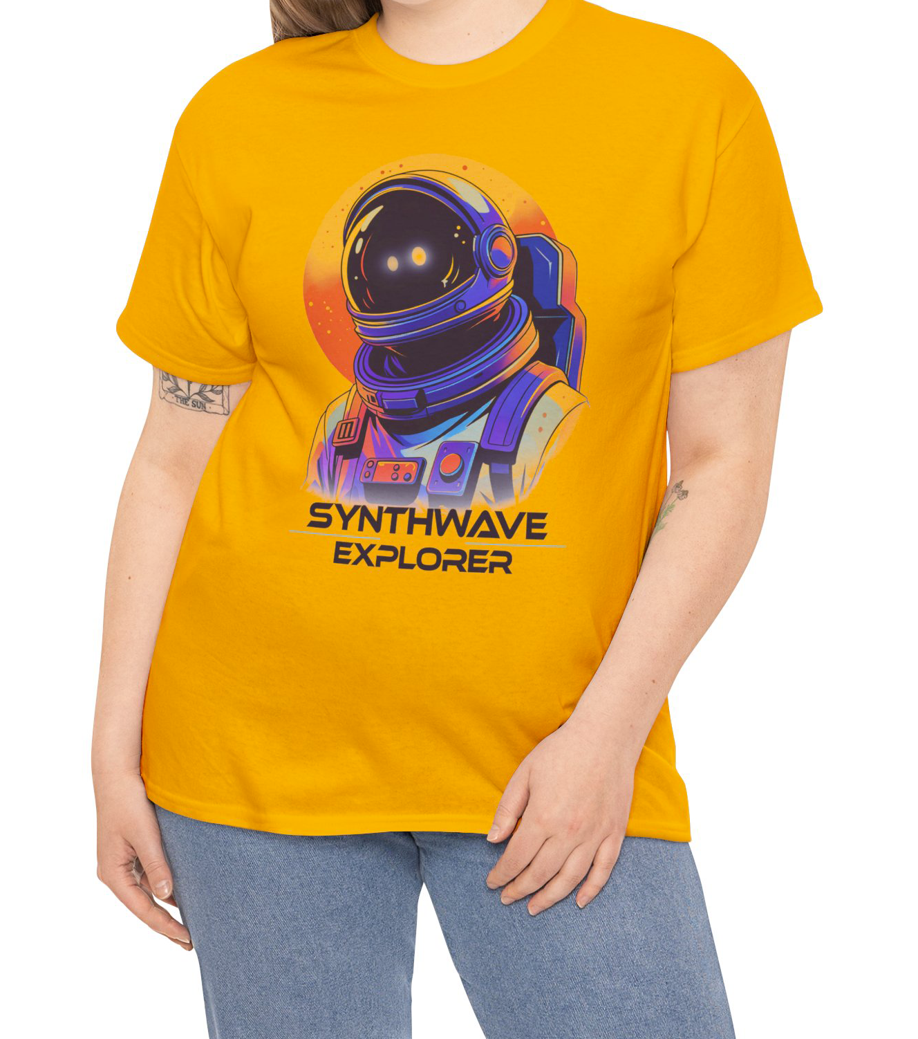 Gold Synthwave Explorer t-shirt with stars and neon sun, retro sci-fi look BimBangDesign