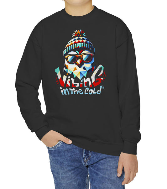 Casual Kids sweatshirt featuring Fun winter Vibing in the Cold slogan and cool funny energy BimBangDesign