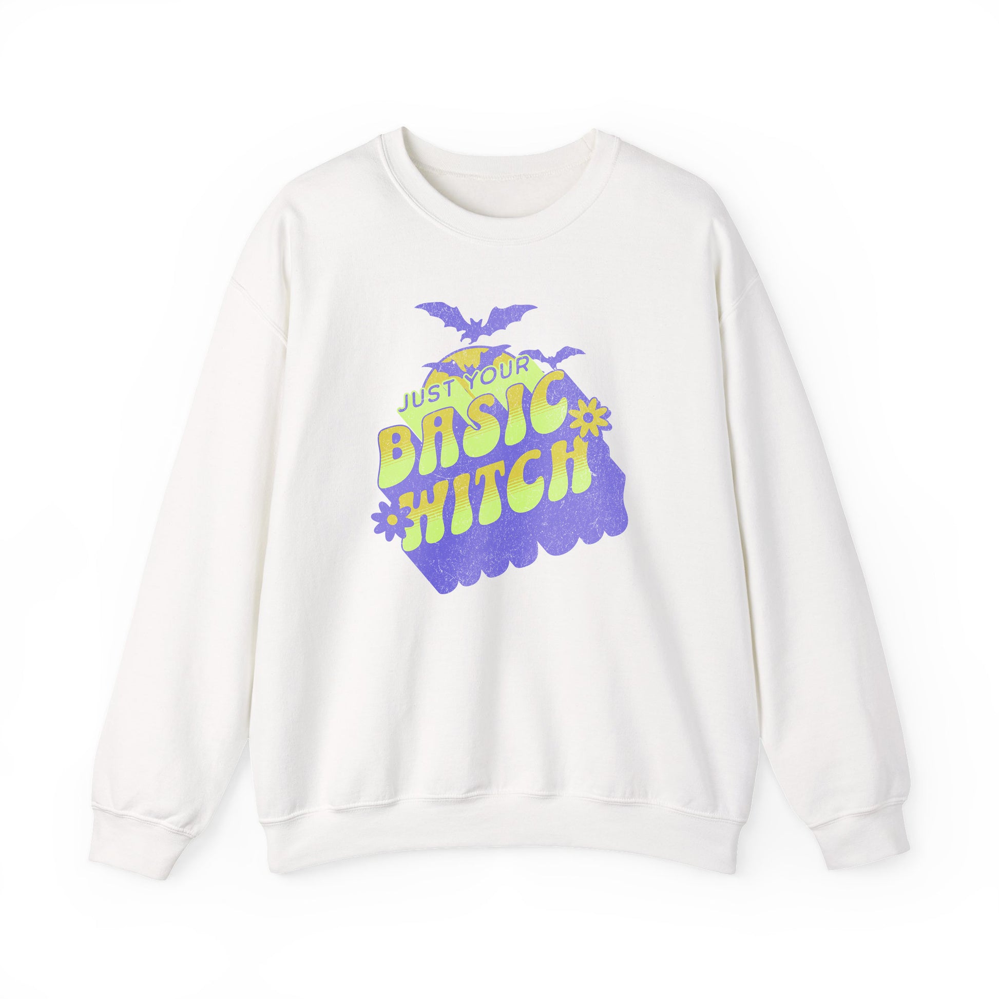 White Unisex “Just Your Basic Witch” Halloween sweatshirt with witchy print — cozy fall fashion with playful attitude.