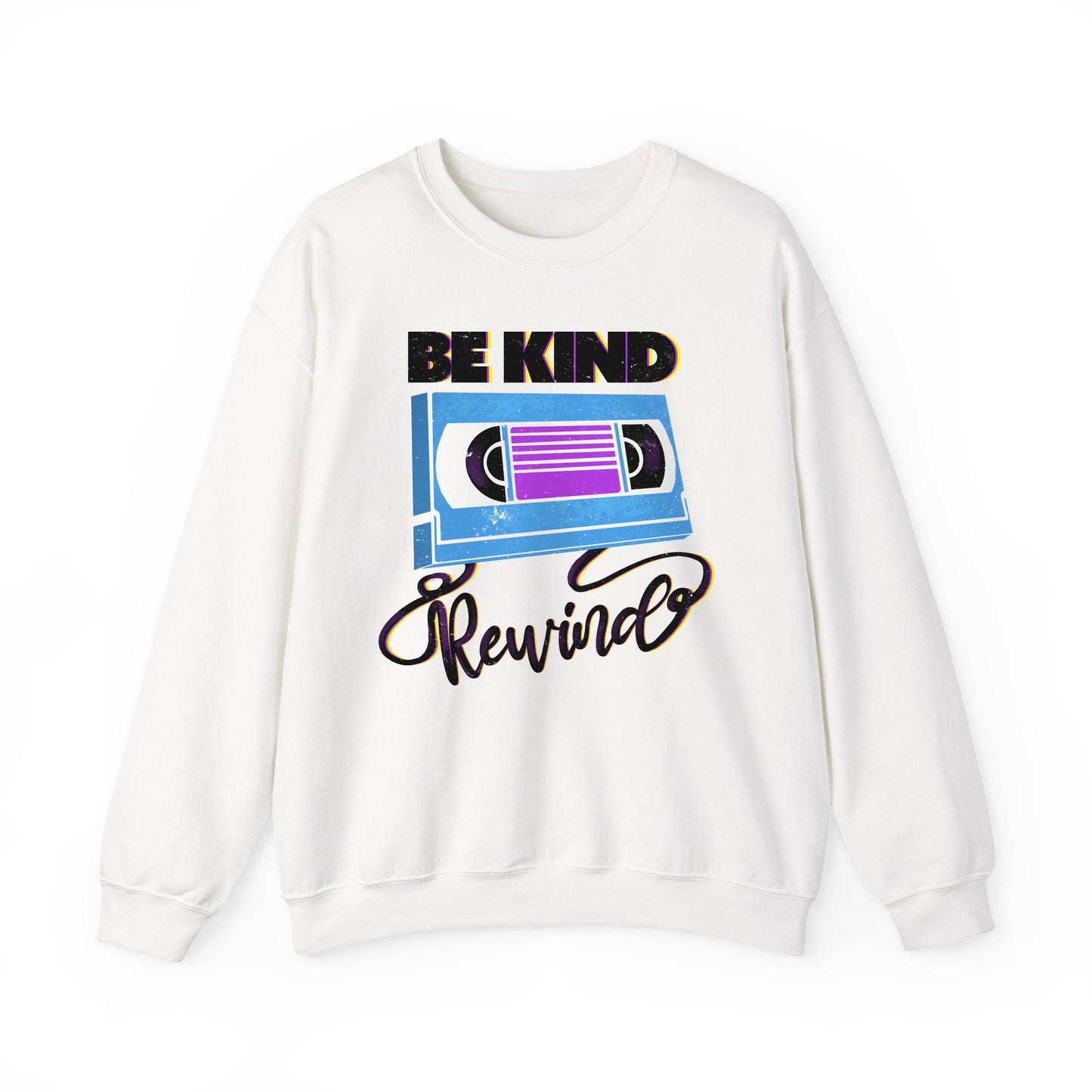White Be Kind Rewind White Sweatshirt, retro typographic style, VHS inspiration for vintage lovers BimBangDesign