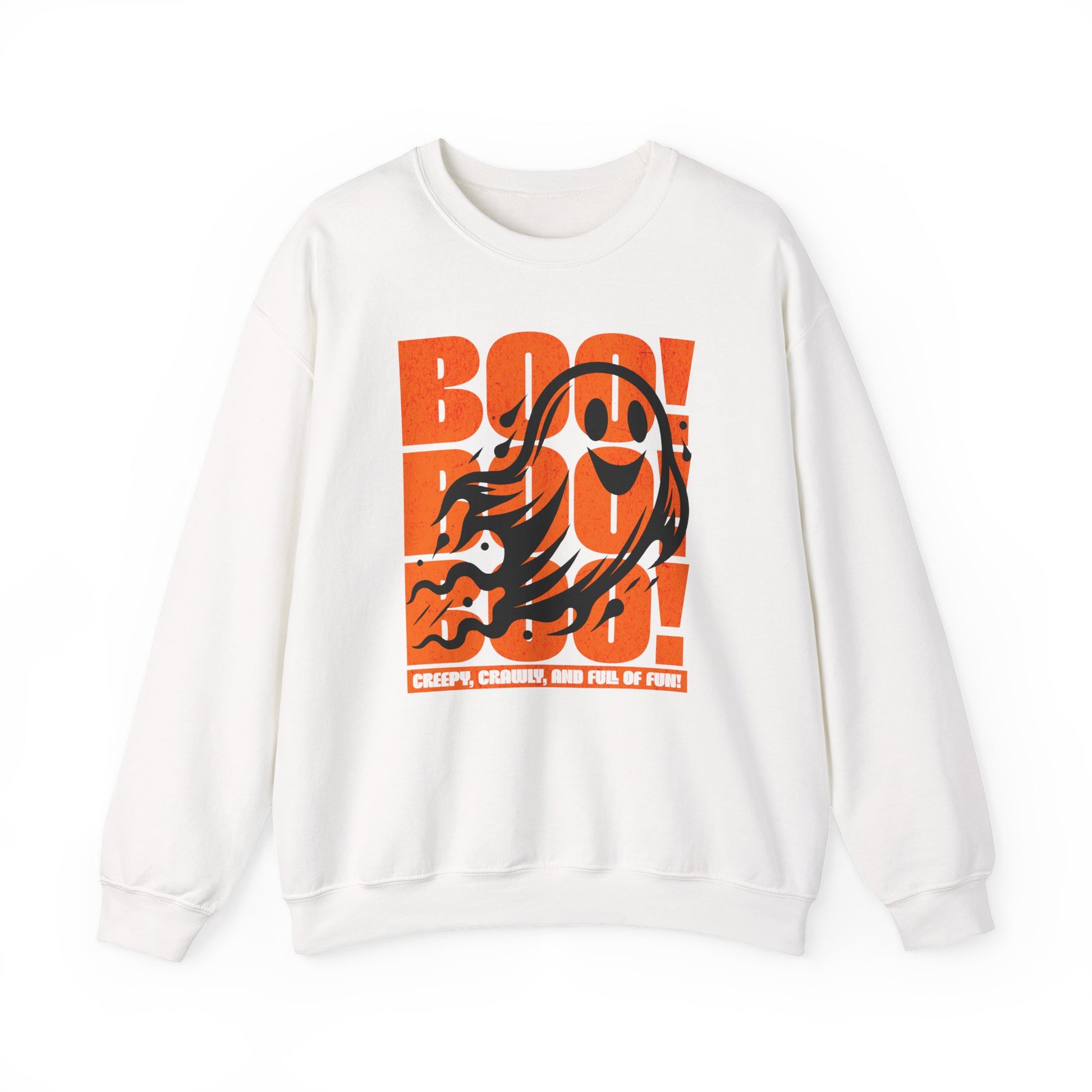 white Boo Boo Boo Halloween sweatshirt featuring a cute ghost design – cozy fall fashion by BimBangDesign