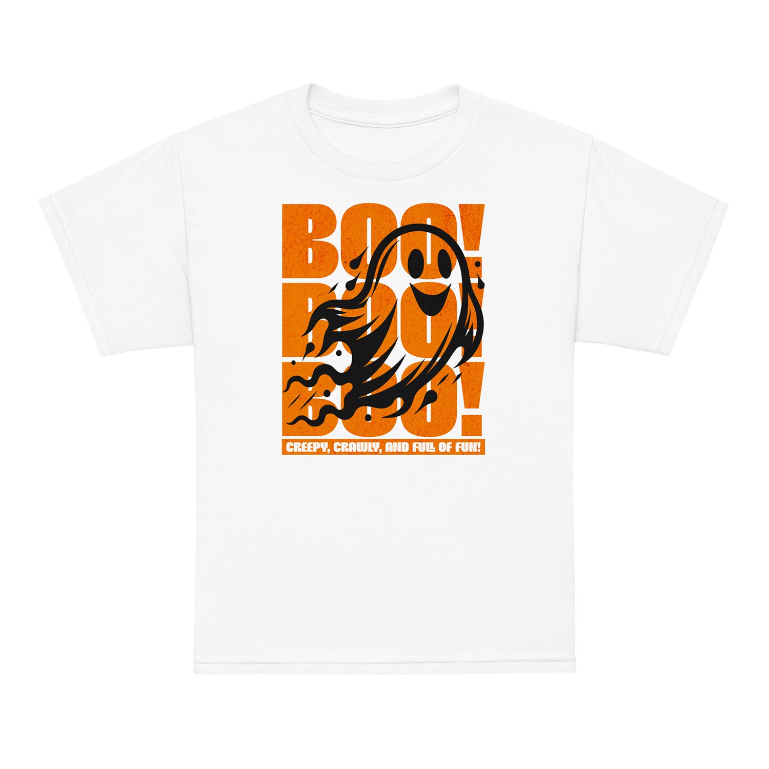White Kids “Boo Boo Boo” Halloween t-shirt featuring a cute vintage ghost illustration — fun, comfy tee for trick-or-treating and everyday wear. BimBangDesign