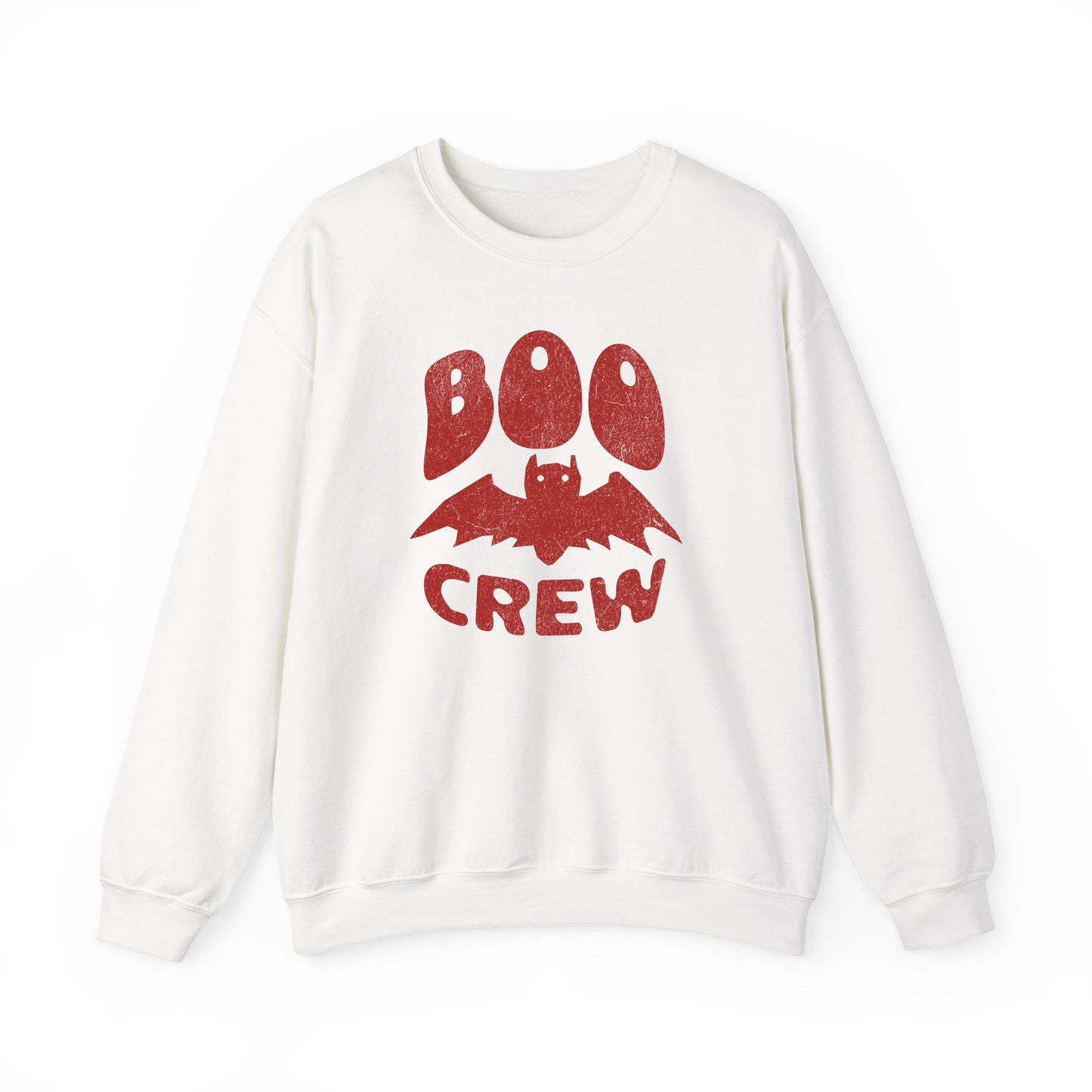 White Boo Crew Halloween sweatshirt with cute bat illustration – cozy unisex fall pullover by BimBangDesign
