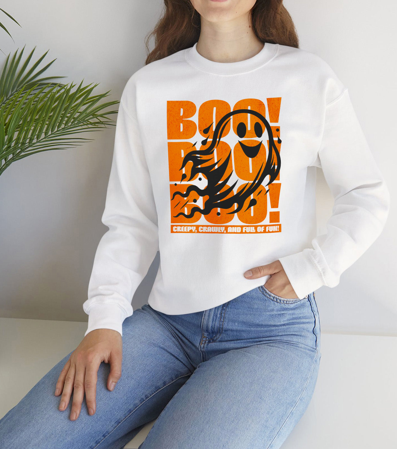 Boo Boo Boo Halloween sweatshirt featuring a cute ghost design – cozy fall fashion, worn by spooky vibes fan, by BimBangDesign