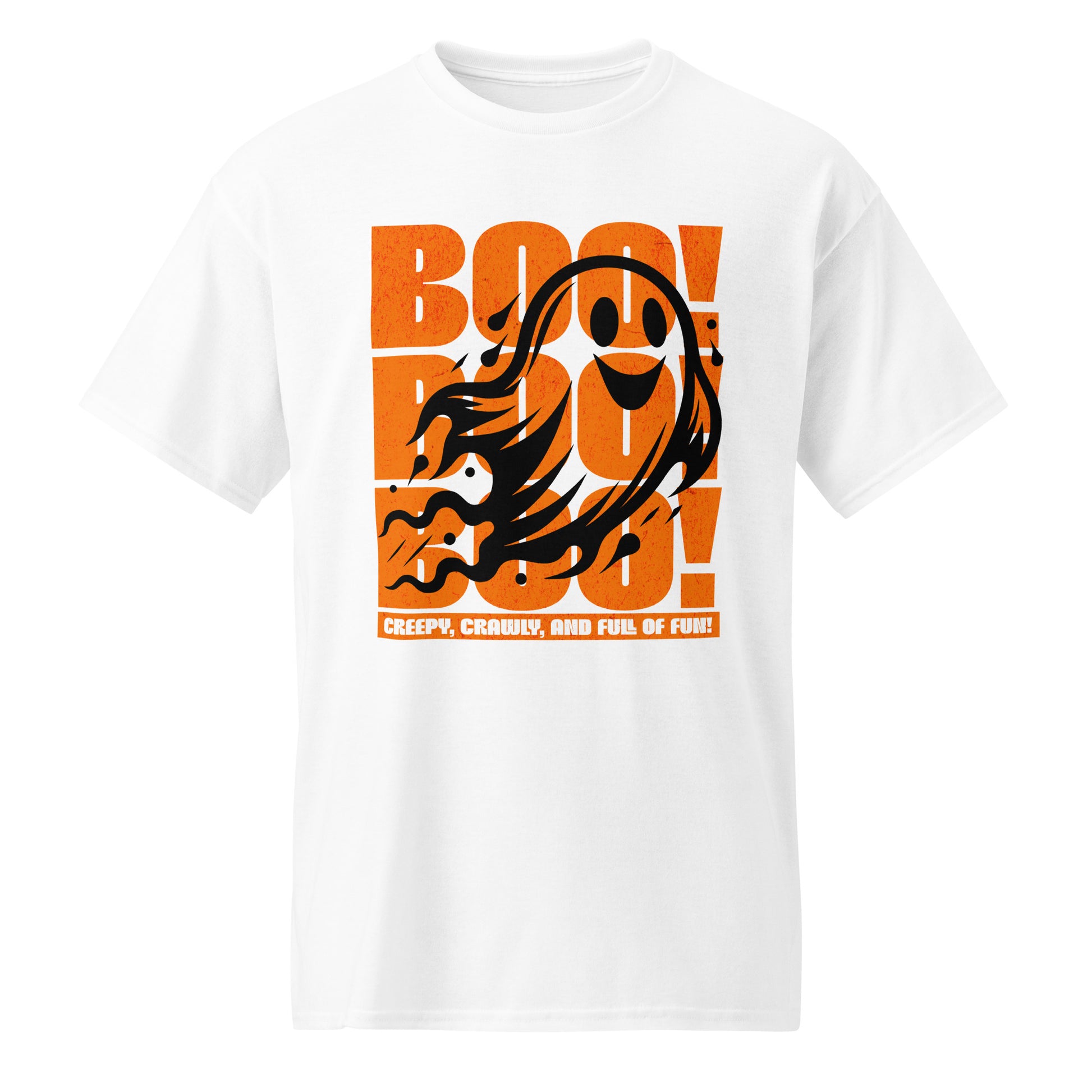 White Playful ghost design with triple “Boo” text – fun Halloween unisex t-shirt by BimBangDesign.