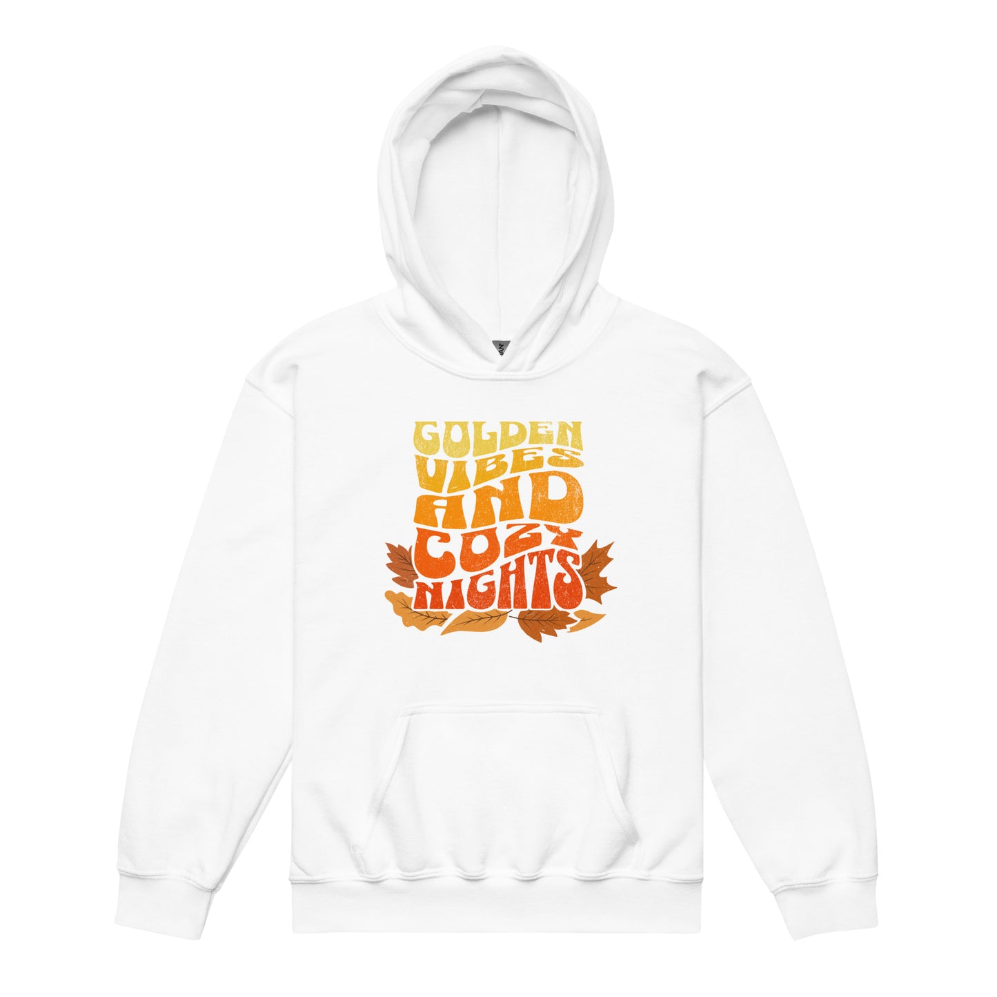 White Kids hoodie with colorful “Golden Vibes and Cozy Nights” text and autumn leaves illustration. Cozy fall sweatshirt for children. BimBangDesign