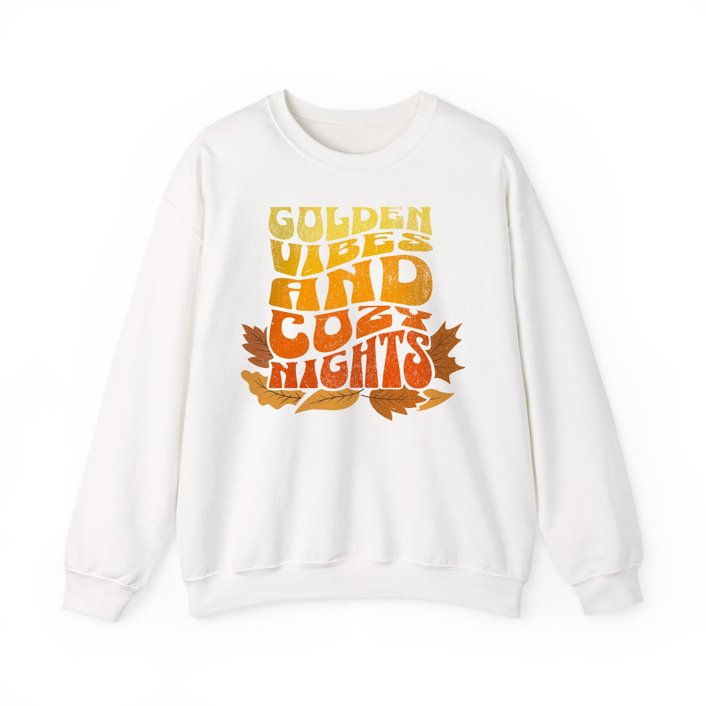 White sweatshirt with “Golden Vibes and Cozy Nights” text in yellow-to-orange gradient and autumn leafs BimBangDesign